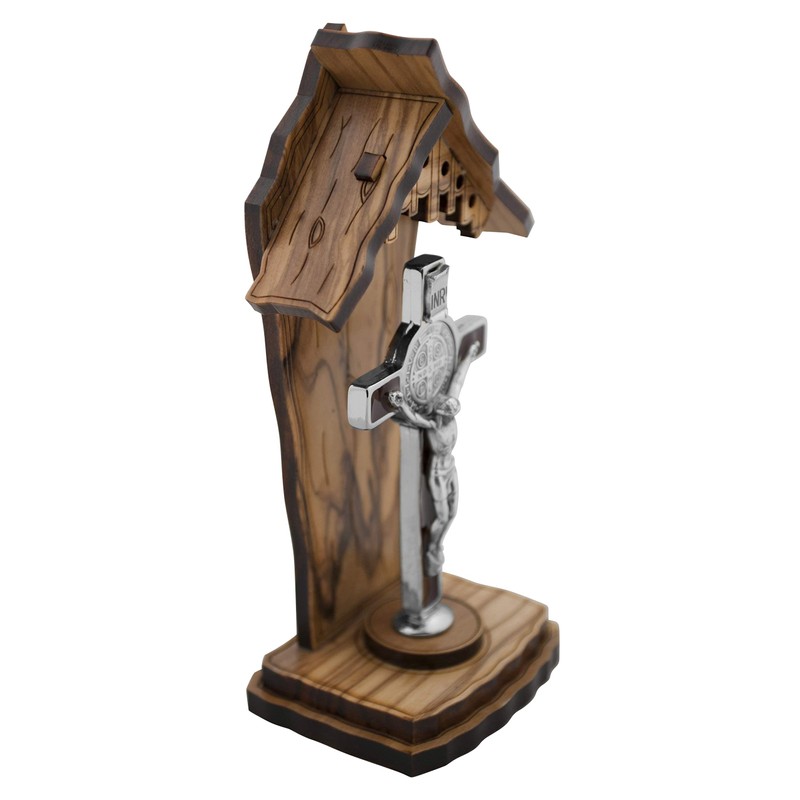 Olive Wood Catholic Devotional Shrine (Saint Benedict Cross)