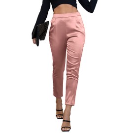 heipeiwa Women's Satin Pants Dress Casual Pleated Pull on High Waist Pants Baggy Front Tapered Trouser