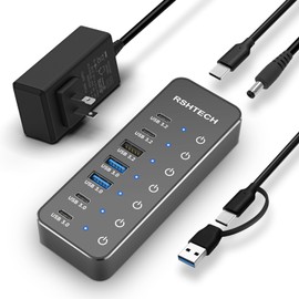 RSHTECH RSH-ST07C-4 USB Hub, 10 Gbps, 7 Ports, USB-C x 4, USB-A x 3, Self-Bus, Touch Switch, AC Adapter Included, 39.4 inches (100 cm), Aluminum Alloy Body, Highly Durable, USB Extension, USB Port,