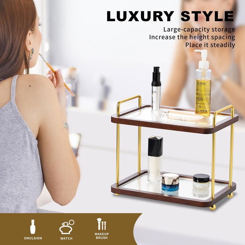2-Tier Bathroom Counter Organizer with Transparent Stripe Acrylic Shelves, Brown