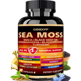 QBBXFF Organic Irish Sea Moss Capsules with seamoss Black Seed Oil ashwagandha Burdock Root, Energy & Immunity Boost and Overall Well-Being - 90 seamoss Capsules