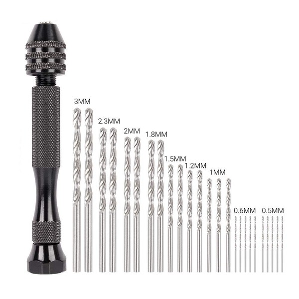 MAEXUS Hand Drill, Pin Vice, Micro Drill, 0.02 - 0.12 inches (0.5 - 3.0 mm), Drill Bit Set, Includes 25 Drills, Small Size, Manual Drilling, Noise, Precision DIY Tool (Set of 26)