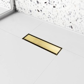 Elefloom Linear Shower Drain, 12 inch Gold Drain with Tile Insert 2-in-1 Panel, Brushed 304 Stainless Steel Gold Shower Floor Drain, Linear Drain with Hair Strainer and Adjustable Feet