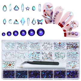 Nibiru 3830Pcs Purple Multi Shapes Rhinestones Glass Diamonds Kit for Nail Art Jewels Decoration,Shiny Flatback Mix Size with Wax Pen