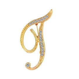 DSADKI A-Z Initial Pins 26 Letters Pins Gold Plated Metal Brooches - Clear Crystal Rhinestone Brooch Breastpin for Women (T)