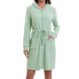 Mnamo Elegant women's bathrobe with hood and zip, made of terry cloth, short and light, mint green