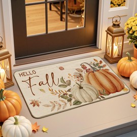 Mocsicka Fall Pumpkin Door mat 17'' X 30'' Autumn Farmhouse Floral Maple Leaves Entrance Rugs for Fall Home Decor Autumn Welcome Doormat Anti-Slip Washable Linen Front Door Rug for Outdoor Indoor