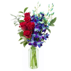 KaBloom PRIME NEXT DAY DELIVERY - Fall Collection - Sapphire Red Bouquet of Fresh Red Roses and Exotic Blue Orchids with Vase.Gift for Birthday, Valentine, Mother’s Day Fresh Flowers