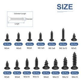 DTGN 650Pcs Wood Screws Assortment Kit - 15 Sizes Carbon Steel M2/M2.3/M3/M4 Phillips Flat Head Self Tapping Screws - for Woodworking, Furniture - Black