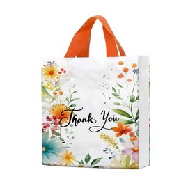 50 Count 9.8'' x 11.8'' Plastic Merchandise Thank You Bags, Retail Bags with Handle for Customers Parties Favors Goodies - Flower 1