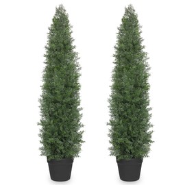 Briful Set of 2 Artificial Cedar Trees – 4FT Tall Faux Cypress Plants in Pots with Detachable Trunks, Realistic Green Leaves, UV Resistant Outdoor/Indoor Topiary Trees for Front Porch Patio Home Decor