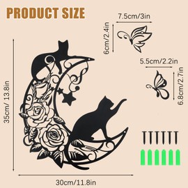 QUMENEY Metal Black Cat and Moon Wall Art Butterfly Wall Hanging Ornament Home Bedroom Kitchen Garden Decor Office Indoor (35cm high)