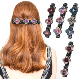 WEXFFU Set of 4 Double Layer Hair Clips with Sparkling Crystal Stones, Women's Hair Claw Clips, Braided Hair Clips for Women and Girls