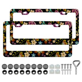 Flower License Plate Frame - 2PCS Embroidered Flowers Butterfly License Plate Holder, Rust-Proof Waterproof Car Decorative Tag Frames for Standard Us 12x6 Inch