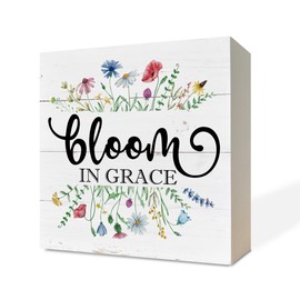 Spring Wood Sign, Wooden Box Sign Desk Decor, White Wood Box Sign, Rustic Spring Flowers Bloom Wooden Box Sign, Home Tabletop Decoration, Floral Home Decor, Living Room Decor, Bloom In Grace Sign