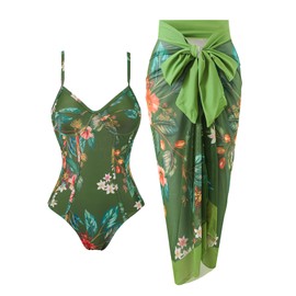 Women One Piece Swimsuit with Cover Up Sarong Wrap Bathing Suits for Women Floral Print Swim Suits with Cover Up Set Slimming 1 Piece Swimwear Dark Green Floral Large