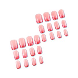 MERVF Square Press on Nails Medium Fake Nails Rose Red Glitter French Tip Glue ons Flower Acrylic Nail Supplies Art DIY Squoval Manicure 24pcs Glossy