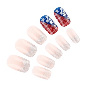 24Pcs 4th of July Nails Short French Tip Press on Nails Square Silver Tips Fake Nails Star Sequin Glitter Design Independence Day Glue on Nails Coffin Nails Full Cover False Nails Stick on Nails