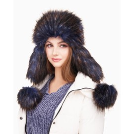 Futrzane Aviator Hat - Winter Trapper Hats for Women - Warm Russian Bomber Hat (One Size, White - Navy Blue with Brown Classic)