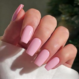 Uñas postizas rosa bebé, cuadradas, largas y medianas, con pegamento, gruesas, naturales y brillantes, para uso diario, juego de 24 uñas postizas acrí
