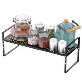 MIYUPTC Expandable Counter Shelf, Adjustable Height Spice Rack Metal Mesh Board Shelf Organization for Kitchen Pantry Bathroom Office -Black