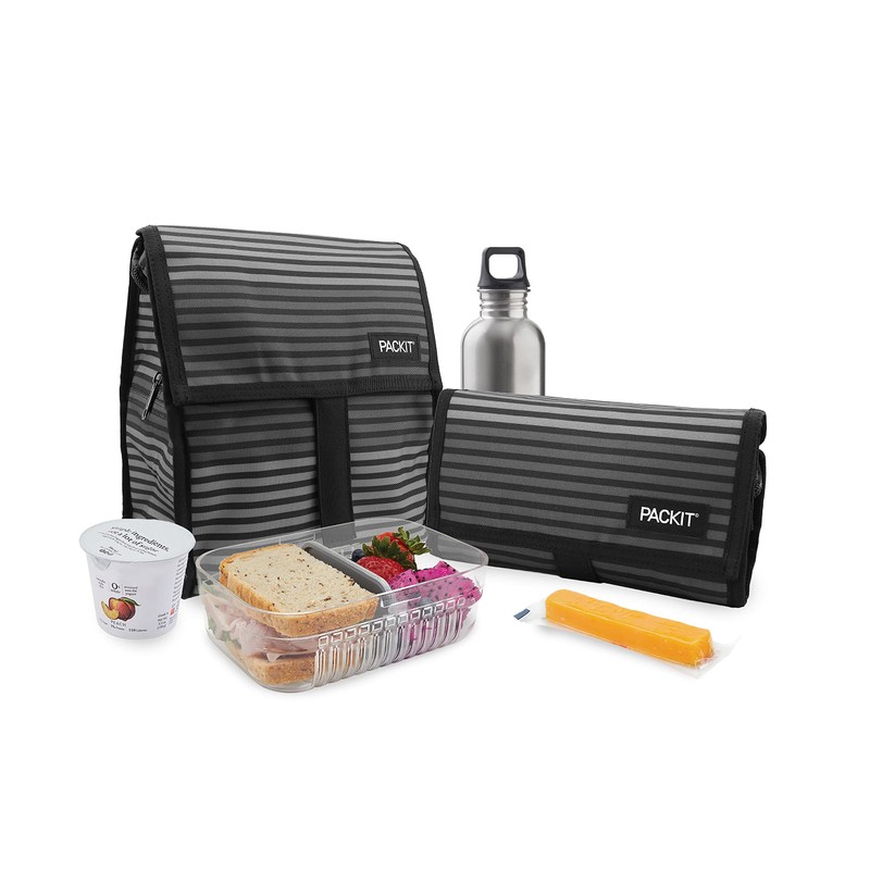PackIt Freezable Lunch Bag with Zip Closure, Gray Stripe 8-Inch