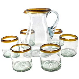 MAREY | Jug Set with Glass Water Glasses | Includes 6 Glasses & 1 Jug | Blown Glass Handmade in Mexico | Table Set |