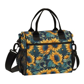 ALAZA Blue Sunflowers on Blue Insulated Lunch Bag for Women Men,Reusable Cooler Tote Shoulder Bag for Picnic Camping Work Office Beach College