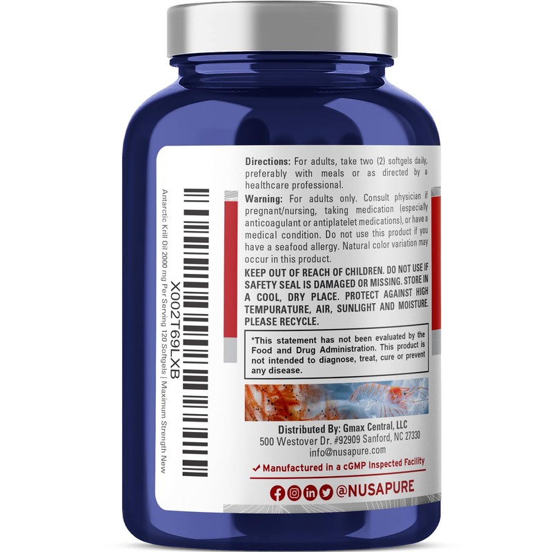 NusaPure Antarctic Krill Oil 2000 mg 120 Softgels, Omega-3 EPA