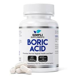 Simpli Supplements 60 Boric Acid Suppositories for Women | BV Treatment for Women | pH Balance Pills | Vaginal Care | Bacterial Vaginosis Treatment Boric Acid (600mg)