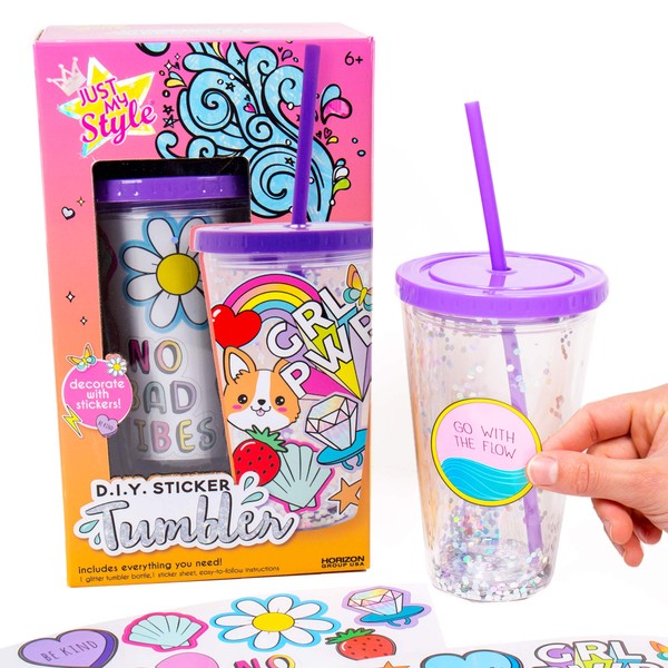 Just My Style DIY Sticker Tumbler by Horizon Group USA, Style & Embellish Your Own BPA Free VSCO Glitter Water Tumbler. Reusable Stickers Included