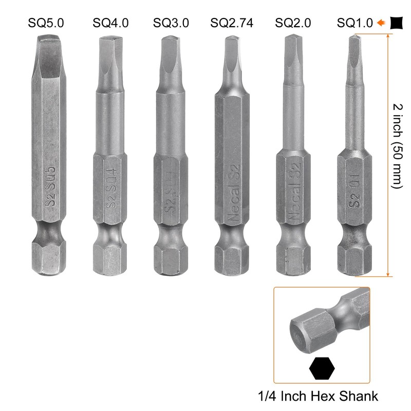 sourcing map 6pcs Square Screwdriver Bit Set SQ1.0/SQ2.0/SQ2.74/SQ3.0/SQ4.0/SQ5.0 S2 Steel