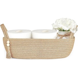 Mkono Small Storage Basket for Toilet Tank Top Boho Bathroom Decor Woven Rope Toilet Paper Tray Back of Toilet Organizer for Shelf Bedroom Living Room, Jute, 1 Pack, 13"L x 6"W