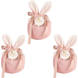 AWAMED 3Pcs Bunny Ears Drawstring Gift Bag, Party Bags Sweet Bags Velvet Storage Drawstring Bag for Wrapping Wedding Birthday Baby Shower New Year Gift Easter Decorations-Pink