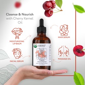 HBNO Organic Cherry Kernel Oil - 4 OZ (120 ml) Value Size - Natural Cherry Oil, Cold Pressed - Perfect Carrier Oil for Massage, Aromatherapy, DIY, Soap Making, Face, Body, Lips, Hair, Nails