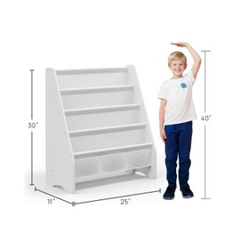 SEIRIONE Sturdy Kids Bookshelf, Children Display Rack, 4 Sling and 2 Storage Boxes for Toys Organizer, White/Wood Texture