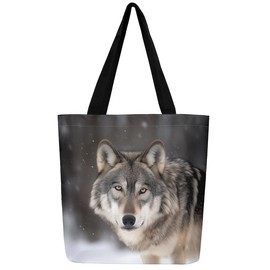 Loussiesd Wolf Canvas Shopping Bag for Adults Men Women Wolves Howling Fabric Bag American Flag Fabric Bag Animal Wolves Tote Bag Mountain Moon Wolf Tote Bag, black brown