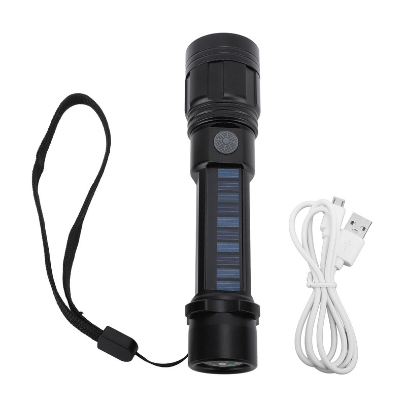 LED Flashlight Zoomable 3 Light Modes USB Or Solar Charge