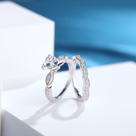 JiaYang Rings for Women Silver 925 Wedding Engagement Rings for Women Sterling Silver CZ Diamond Rings Zirconia Rings White Gold-Plated Women's Rings Dancing CZ Diamond Rings for Wedding Jewellery