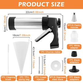 Churro Maker Machine Churrera and Piping Bag Churros Filler, Stainless Steel Churros Gu-n Kit with 8 Decorating Tips, 8 Cookie Discs, Cookie Maker Machine(Black+silver)