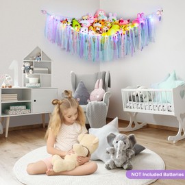 MHJY Toy Hammock Stuffed Animals Storage Net Soft Cuddly Toys Large Corner Hanging Net With LED Light Hand Woven Plush Macrame Organizer with Tassel for Kids Bedroom Nursery