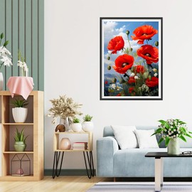 QQYRHN 5D Poppies Diamond Painting Kit for Adults Beginners Red Flowers Diamond Art Kits Complete DIY Landscape Diamond Embroidery Set Perfect for Relaxation and Decoration 30 x 40 cm