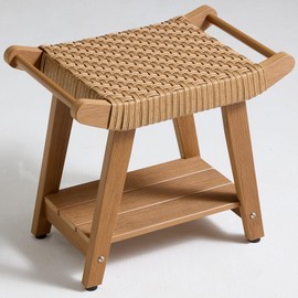 JemKelly Rattan Shower Bench seat with Storage Shelf,Poly Plastic Shower Bench for Shaving Legs, Comfortable Bath Shower Stool Chair for Spa Bathroom, Weather Resistant/Non-Slip/Handles (QM11212).