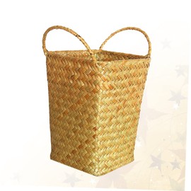 STOBAZA Toy Storage Basket Handmade Straw Basket Handles Rattan Basket for Home Dorm Bathroom Yellow Small 12x12x16cm