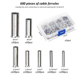 600 Pieces Cable Sleeves, Non-Insulated Connectors, Cold Sleeve Set, Suitable for Wire Connection or Electrical Splicing (0.5-6.0mm²)