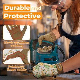 HANDLANDY Women Safety Work Gloves, Padded Mechanic Touchscreen Protective Ladies Working Gloves, for Construction, Driving, Warehousing, Gardening (Brown Floral, L)