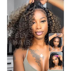 BLY Highlight Water Wave Half Wig Human Hair 3 in 1 Glueless Drawstring Flip Over Wear Go Wig for Women 1B 30 Color 180 Density Short Bob Wigs 14 Inch