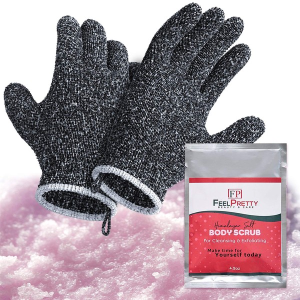 Exfoliating Gloves Set with Pink Himalayan Salt Body Scrub - 2 Pairs Bamboo Charcoal Fiber Shower Gloves & 4.2oz Salt Scrub - Dead Skin Cell Remover - Healthy Skin