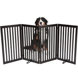 INTERNET'S BEST Dog Gate with Support Feet, Indoor Freestanding Pet Barrier, Folding Wood Cat or Dog Fence, Extra Wide Doorway Puppy Gates, 4 Panel - 36", Espresso