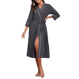 VINTATRE Robes for Women Bath Robes Long Female Kimono Robes Womens Robes Calf Length Bathrobe Casual Lightweight Womens Robe V-neck Dark Gray-M